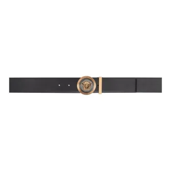 VERSACE Pattern Design Calfskin Leather Belts Men's Black 4CM WIDE