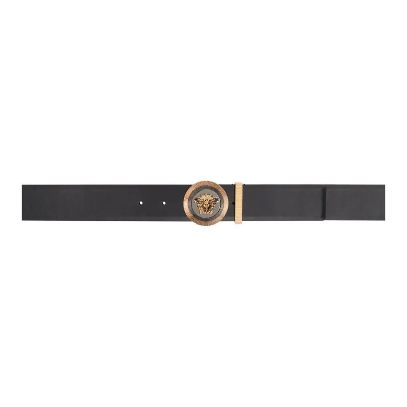 VERSACE Pattern Design Calfskin Leather Belts Men's Black 4CM WIDE-0