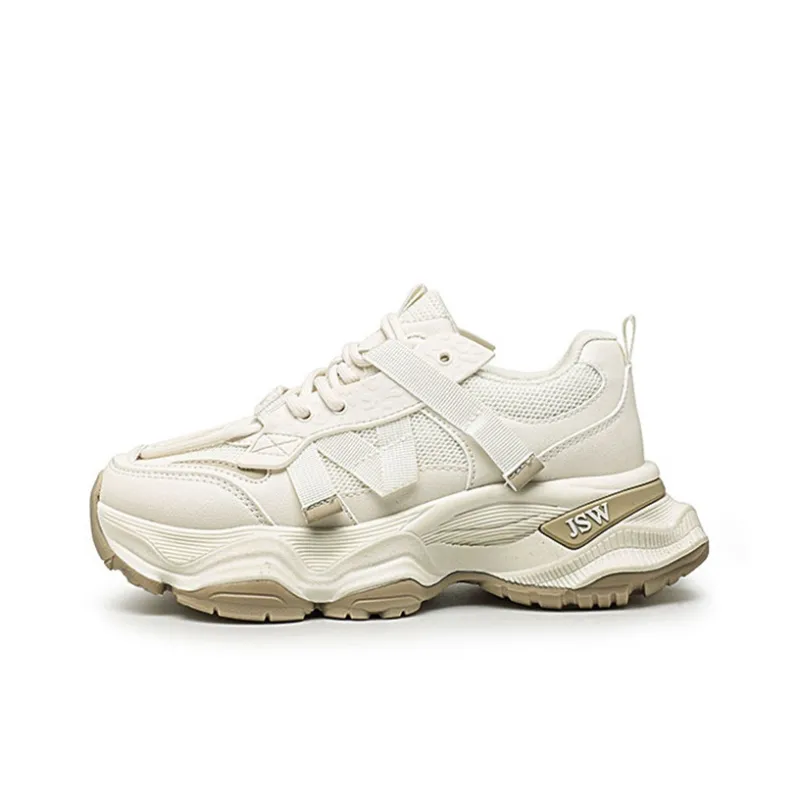 JEANSWEST Chunky Sneakers Women's Low Top White Black/Beige-6
