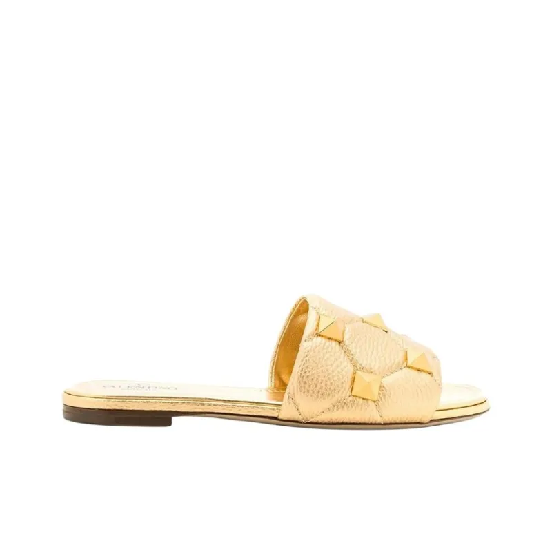 Valentino Roman Stud Rubber Sole Slip-Resistant Slide Slippers Women's Gold-1