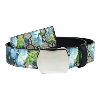 GUCCI Pattern Design Canvas Leather Belts Women's Blue Width: 3.2CM