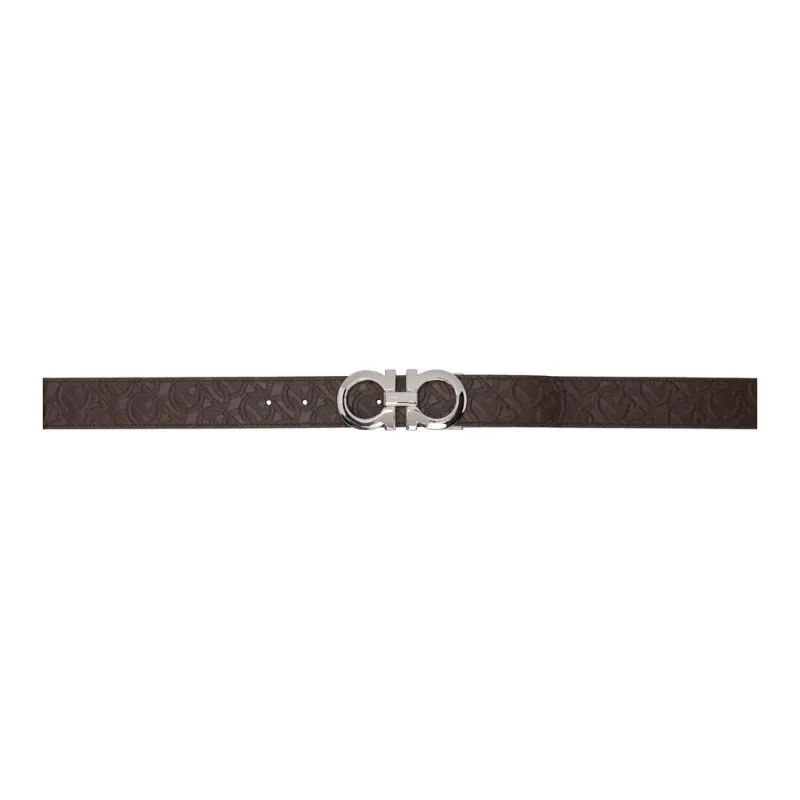 FERRAGAMO Pattern Embossed Calfskin Leather Belts Men's Brown Width: 3CM-0