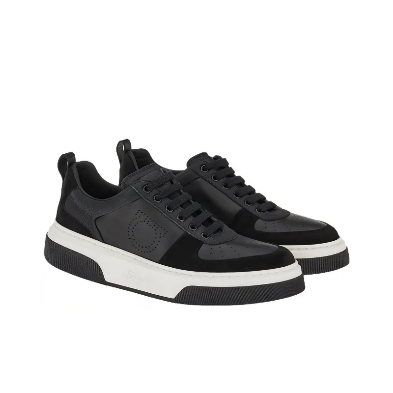 FERRAGAMO Leather-suede Low-top Sneakers-1
