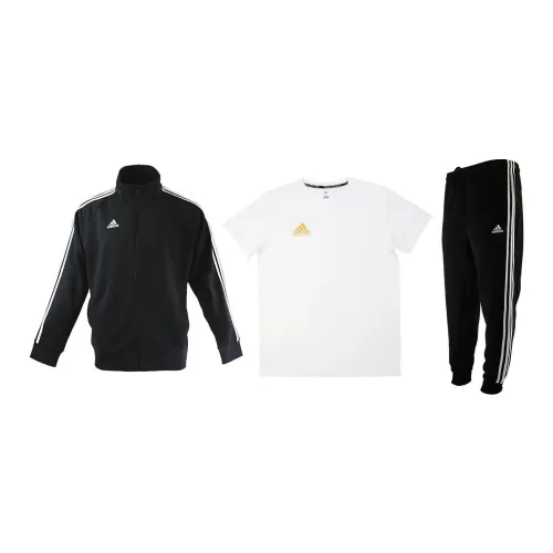 Adidas Casual Sportswear Men Set Black Base With White Stripes Coats+White T-Shirts+Black Pants