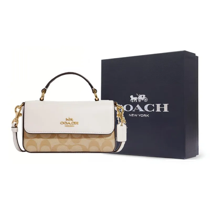 COACH Cow Leather Handbag Shoulder Bag Crossbody Bag Small Size Women's Khaki & Chalk White-5