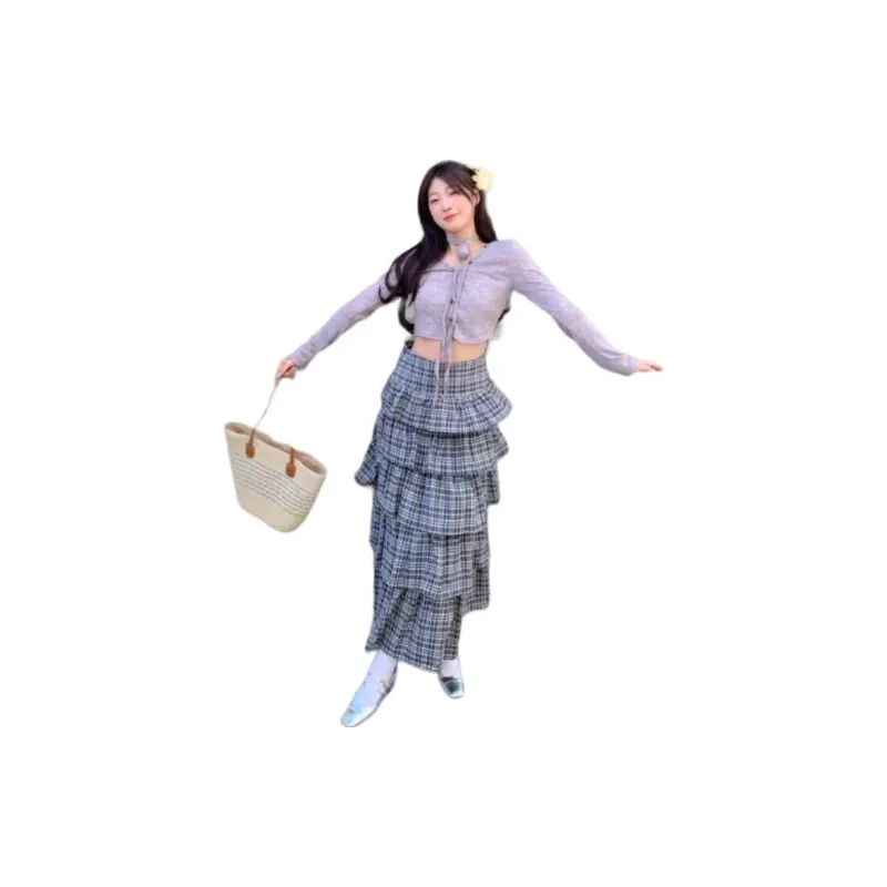 Spicy Gals Casual Long Skirts Women's Gray White Plaid-1