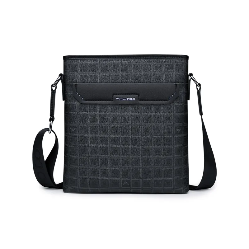 WilliamPOLO PVC Shoulder Bag Men's Black Grid Pattern-0