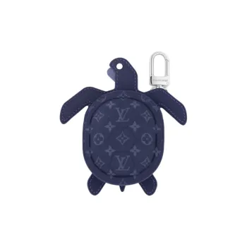 LOUIS VUITTON Leather Paneled Canvas Bag Charm Coin Purse Earphone Case Mini Men Sapphire