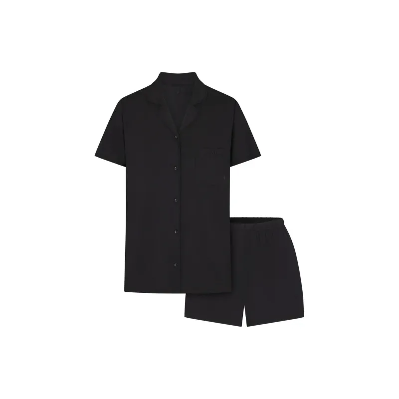 SKIMS SLEEP SHORT SLEEVE BUTTON UP SET Pajama Set Women's ONYX/Onyx-0