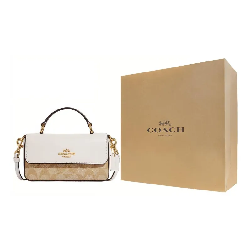 COACH Cow Leather Handbag Shoulder Bag Crossbody Bag Small Size Women's Khaki & Chalk White-6