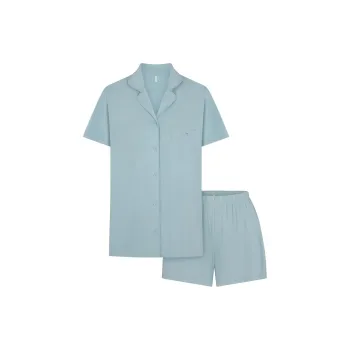 SKIMS SLEEP SHORT SLEEVE BUTTON UP SET Pajama Set Women's Sky Blue