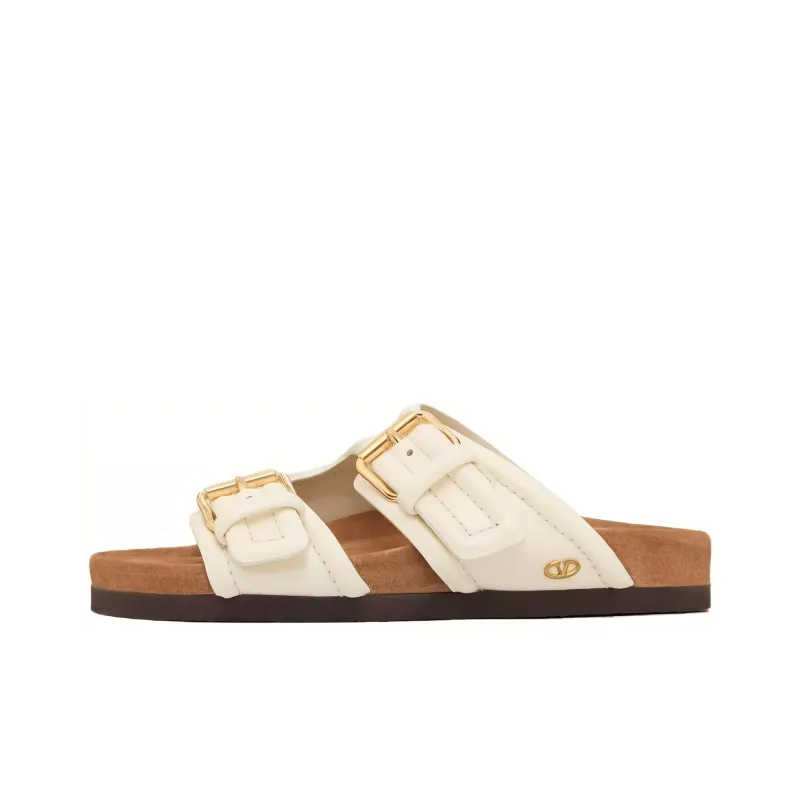 Valentino Logo Plaque Double Strap Slip On Slides Women's-0