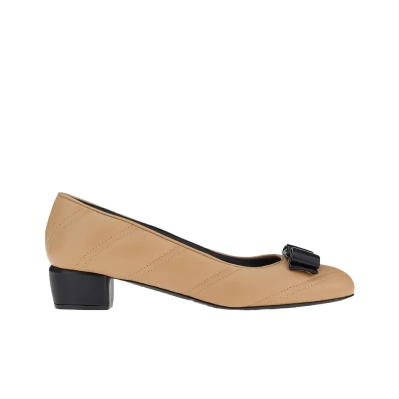FERRAGAMO Vara Chunky Heel Casual Single Shoes Women's Beige-1