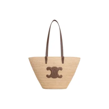 CELINE Raffia Calfskin Trim Handbag Shoulder Bag Medium Size Women's Glazed Surface Brown