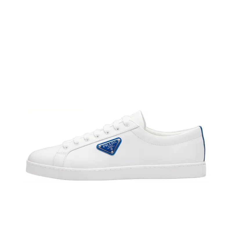 PRADA Brushed Sneakers Leather White White Cobalt Blue-0