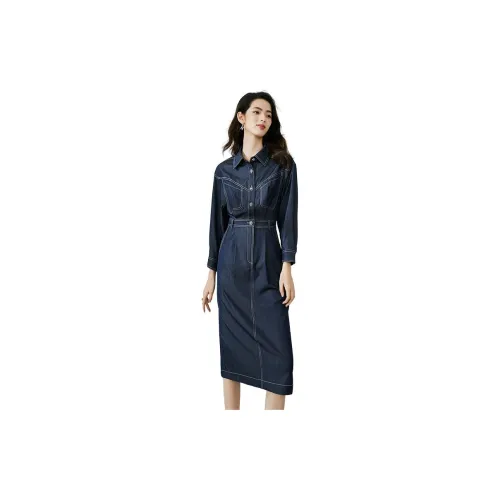 Late White Long-Sleeved Dresses Women's Blue