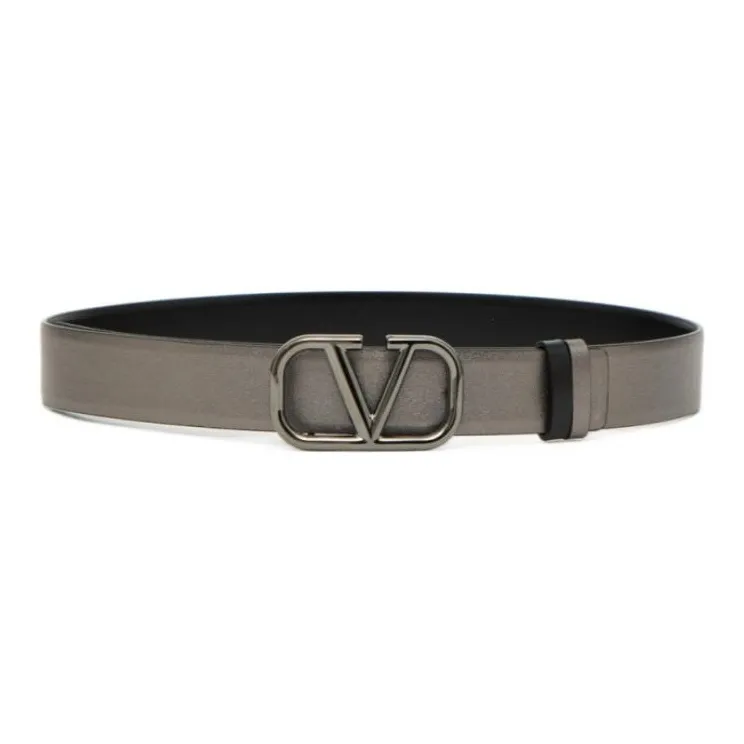 Valentino Logo Detail Smooth Buckle Calfskin Leather Belts Women's Gray-0
