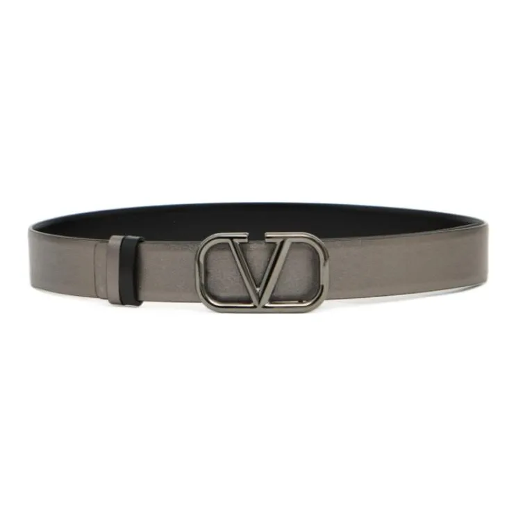 Valentino Logo Detail Smooth Buckle Calfskin Leather Belts Women's Gray-1