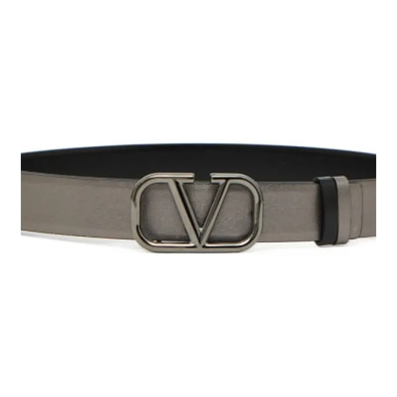 Valentino Logo Detail Smooth Buckle Calfskin Leather Belts Women's Gray-2