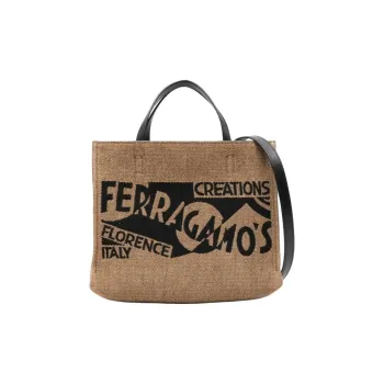 FERRAGAMO Raffia Shoulder Bag, Crossbody Bag, Handbag Women's Khaki & Black