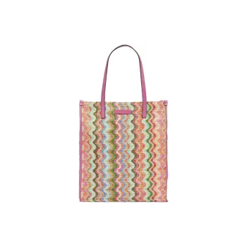 THE BRIDGE Raffia Cow Leather Patchwork Tote Bag Shopping Bag Handbag Women's Pink