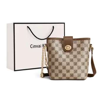 Simvay Clos PVC With Synthetic Leather Chain Shoulder Bag Crossbody Bag Bucket Bag Small Size Women's Khaki