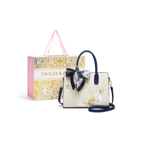 CNOLES Cow Leather One Shoulder Handbag Women's Beige White & Blue