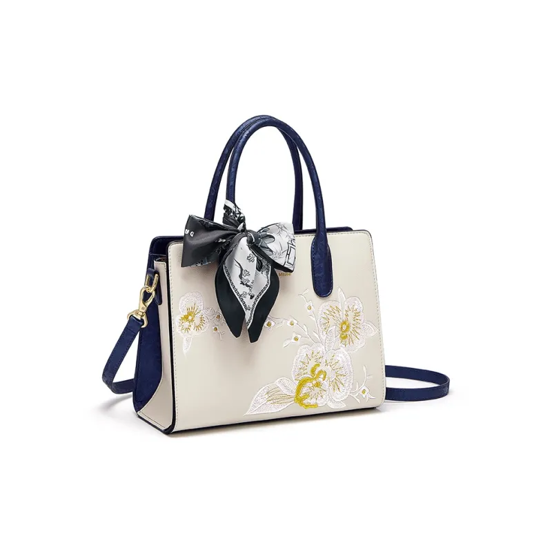 CNOLES Cow Leather One Shoulder Handbag Women's Beige White & Blue-2