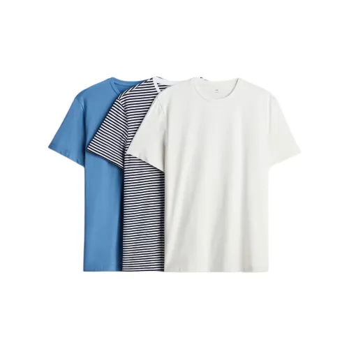 H&M T-Shirts Men Set Of 3 Light Blue + Navy Blue + White