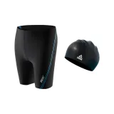 (2-Piece Set) Black Blue Swimming Shorts+Swimming Cap