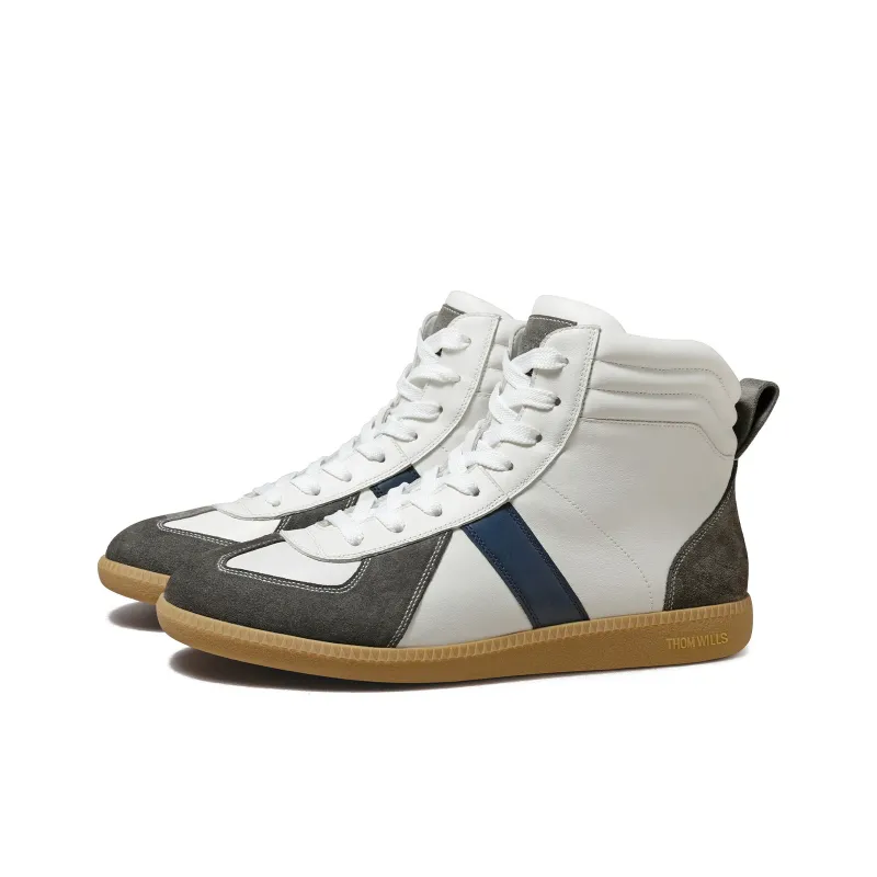 THOM WILLS Classic Vintage German Army Trainers Abrasion Resistant Mid Top Skateboard Shoes Men's Gray White-1