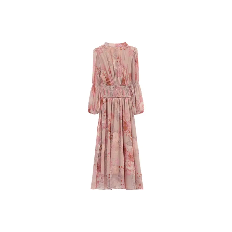 Fashion Long Sleeved Dress Women's Romantic Pink Print-5
