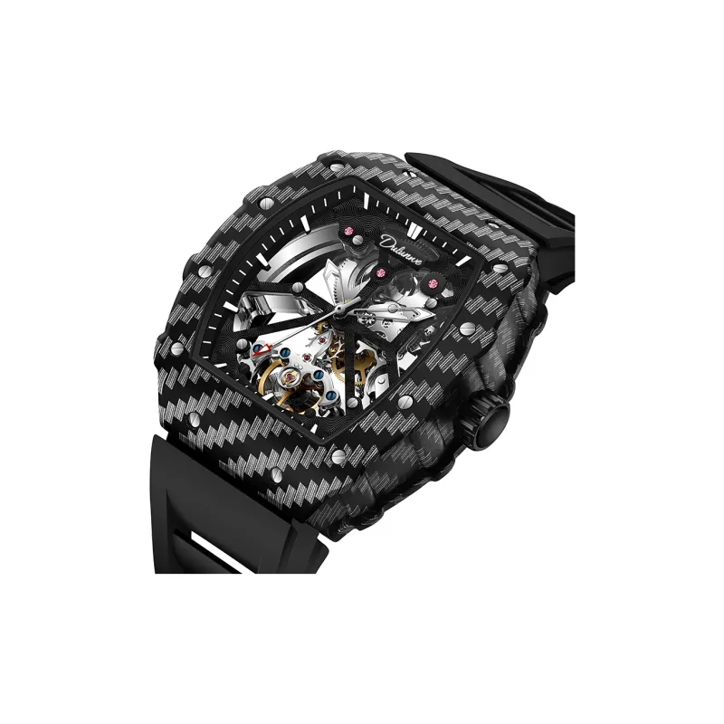 Dulunwe Automatic Mechanical Movement Silicone Strap Watch Men's Watches Cut-Out Dial-4