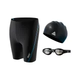 (Set of 3) Black Blue Swimming Shorts+Swimming Cap+Swim Goggles