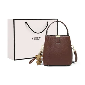 VINEY Cow Leather Bonded Synthetic Leather Handbag Crossbody Bag Shoulder Bag Bucket Bag Medium Size Women's Coffee