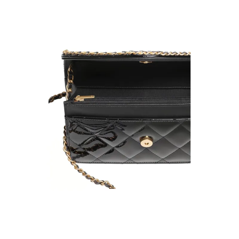 CHANEL Calf Patent Leather Crossbody Wallet Women's Black-3