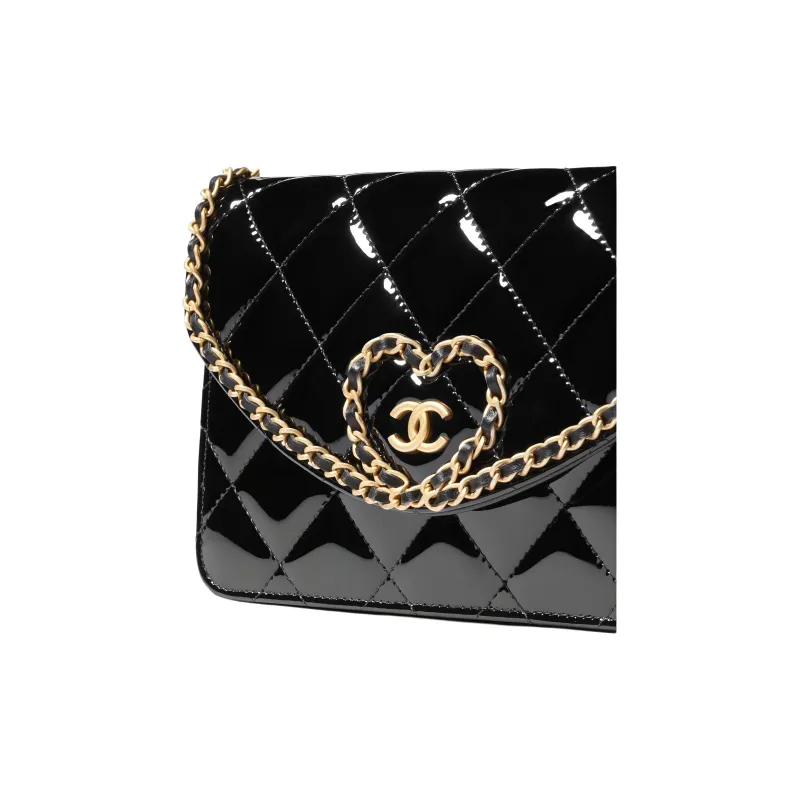 CHANEL Calf Patent Leather Crossbody Wallet Women's Black-2