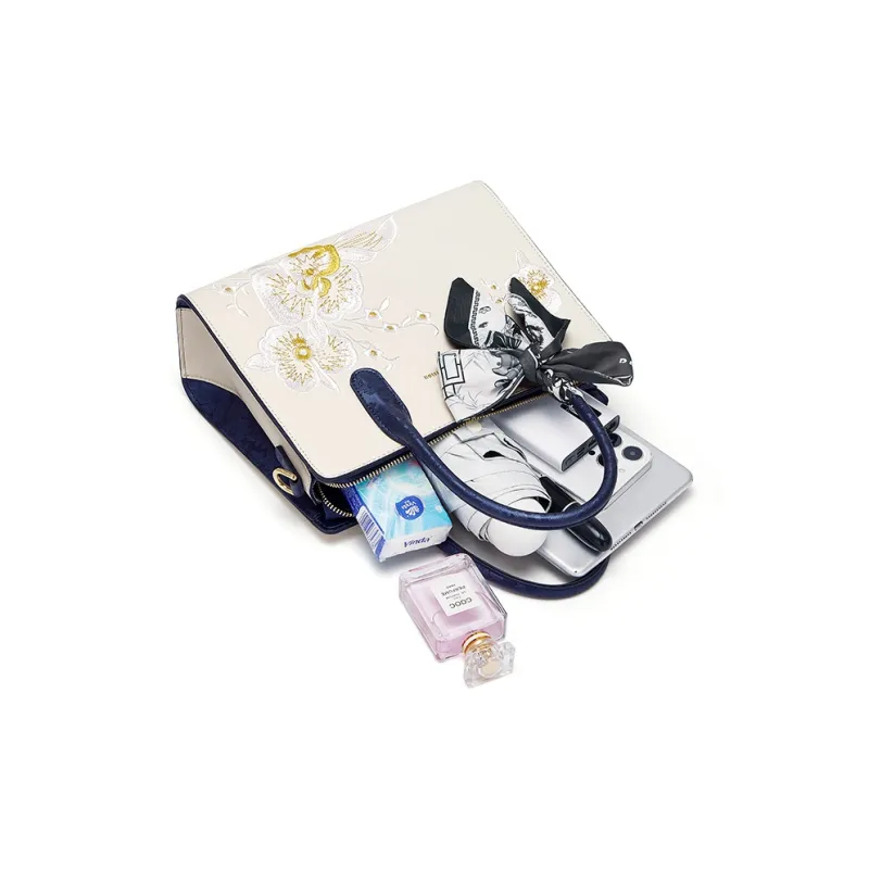 CNOLES Cow Leather One Shoulder Handbag Women's Beige White & Blue-4