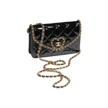 CHANEL Calf Patent Leather Crossbody Wallet Women's Black