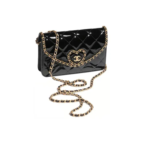 CHANEL Calf Patent Leather Crossbody Wallet Women's Black