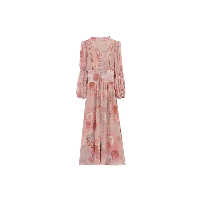 Fashion Long Sleeved Dress Women's Romantic Pink Print-4
