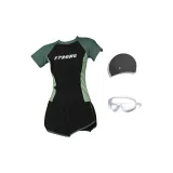 Black Green Three-Piece Set (Swimsuit+Swim Goggles+Swimming Cap)