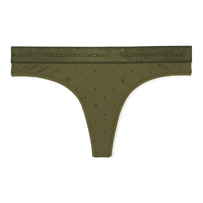 Victoria's Secret Logo Cotton Thong Panty/Olive Logo Dots Underpants Women's 1 Pack Green-0