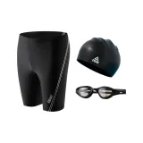 (Set of 3) Black Silver Swimming Shorts+Swimming Cap+Swim Goggles