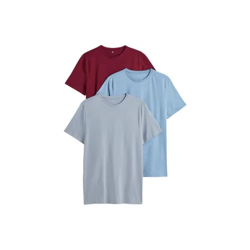 H&M T-Shirts Men Set Of 3 Wine Red + Blue + Haze Blue