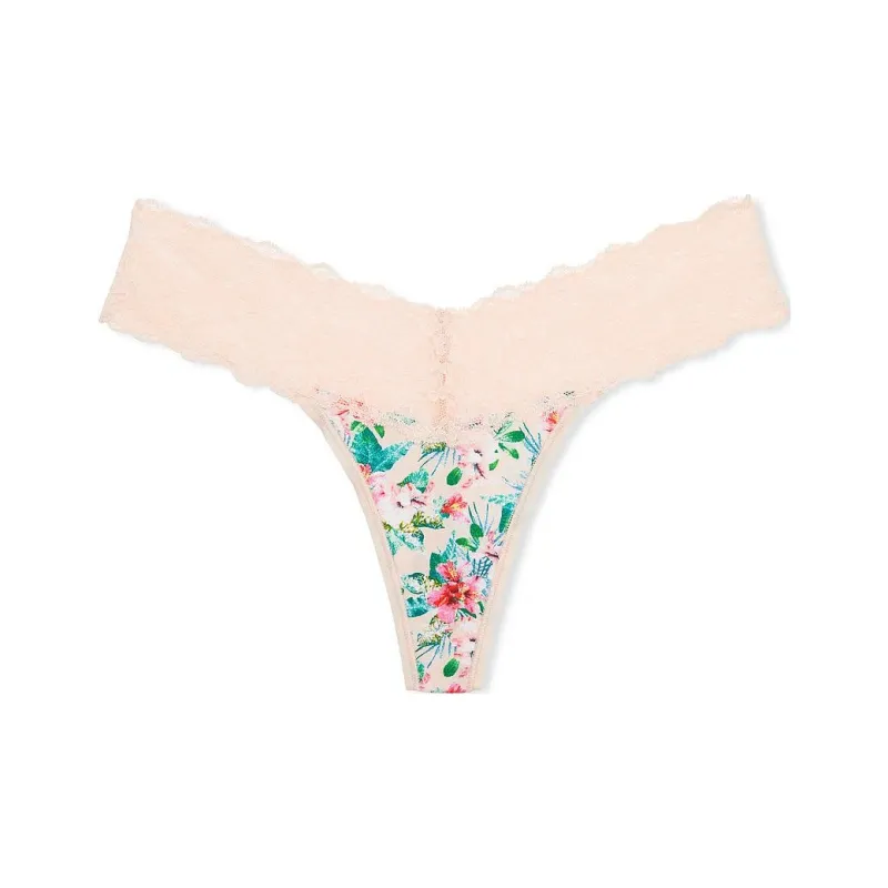 Victoria's Secret PINK THE LACIE Lace-Waist Cotton Thong Panty/V T Underpants Women's 1 Pack Plant Print-0