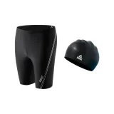 2-Piece Set: Black Silver Swimming Shorts+Swimming Cap