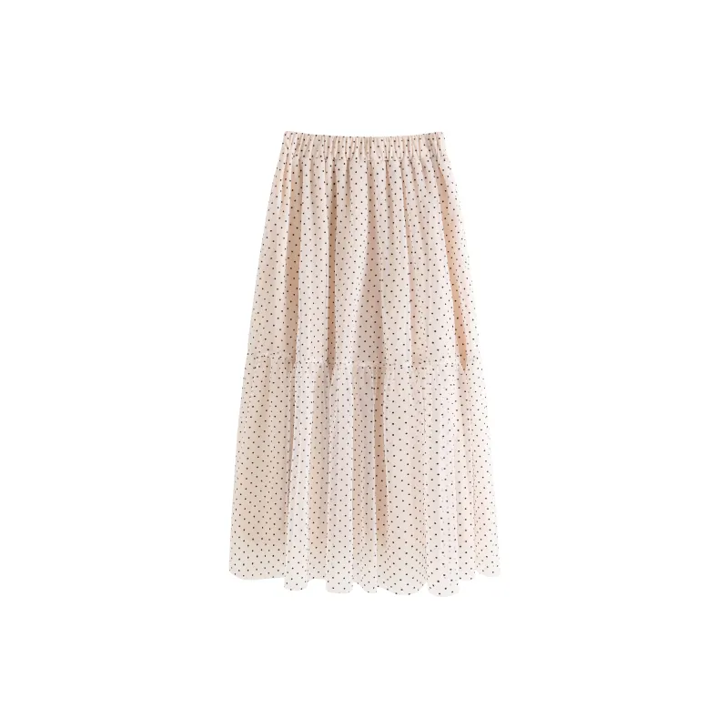 SUBEN Casual Long Skirts Women's Beige Polka Dots-1