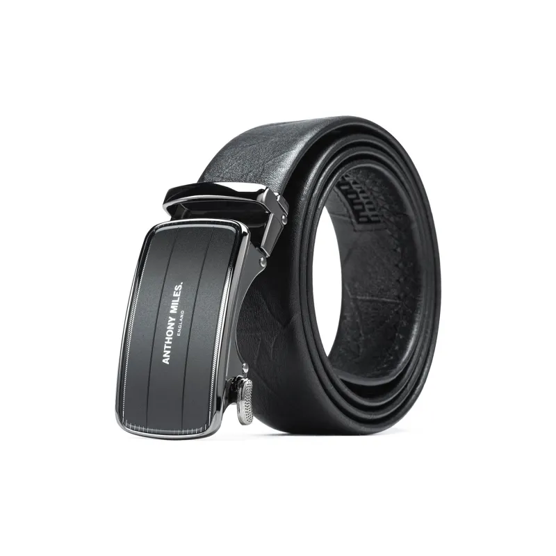 Anthony Miles Leaf Venation Top Grain Cow Leather Leather Belts Men's Black Width  3.5cm-0