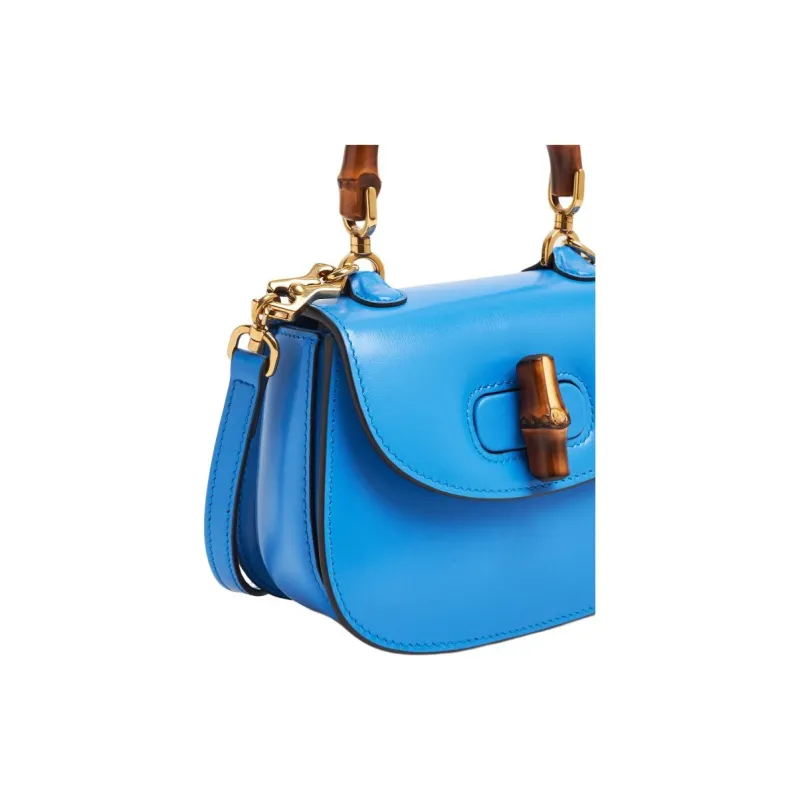 GUCCI Bamboo 1947 Leather Shoulder Bag Crossbody Bag Handbag Mini Women's Blue-2